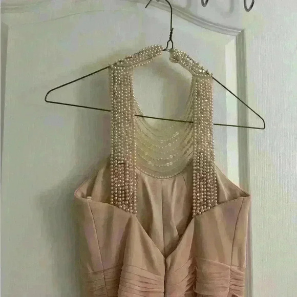 Baby pink pearl and crystal encrusted swoop neckline prom gown - Picture 4 of 5